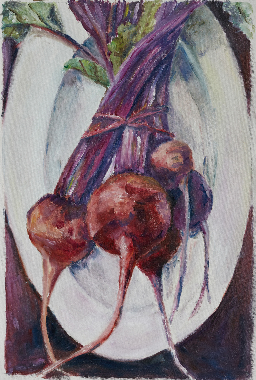 a bunch of beetroot on a plate in oils. purples and reds 2020