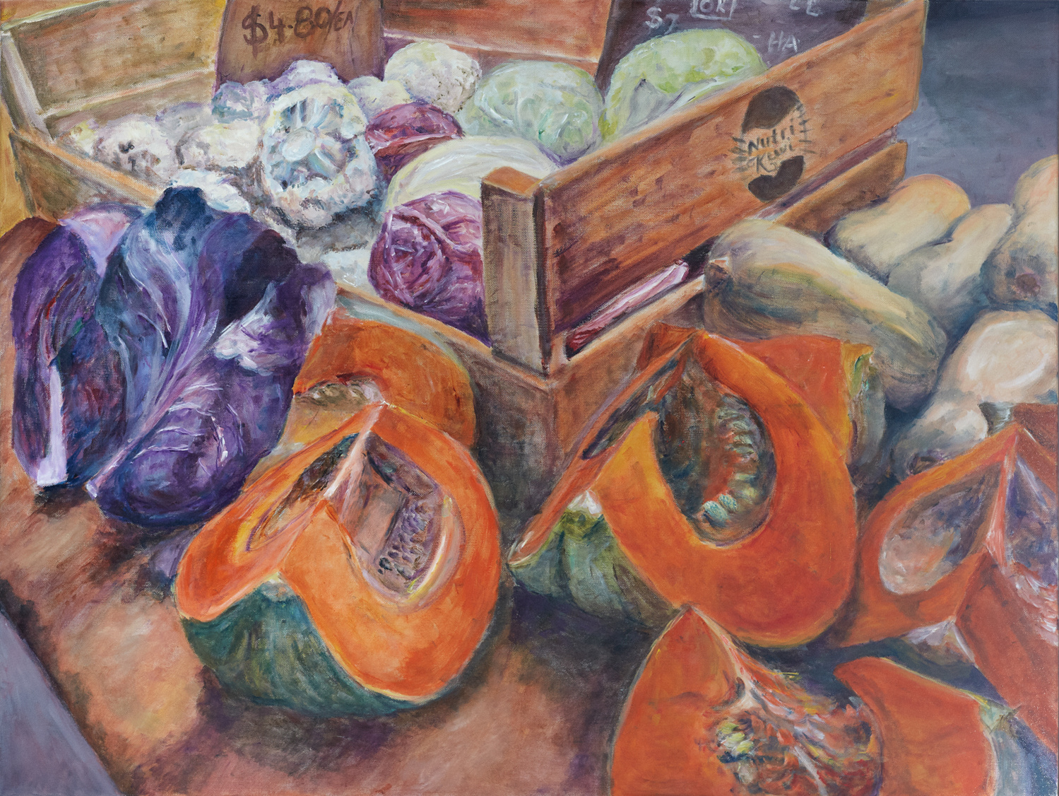 pumpkin, cauliflower, cabbage at a market in oil, orange, purple 2020
