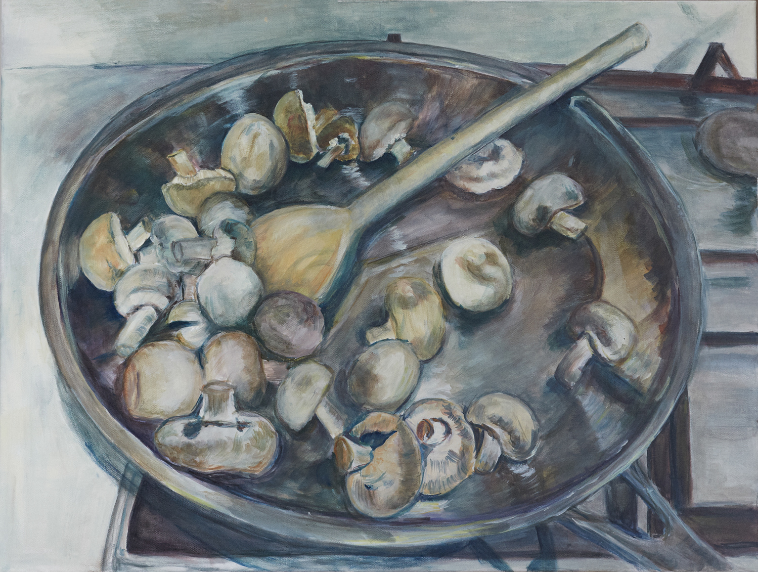 pan, wooden spoon and mushrooms painting in acrylic and ink 2020