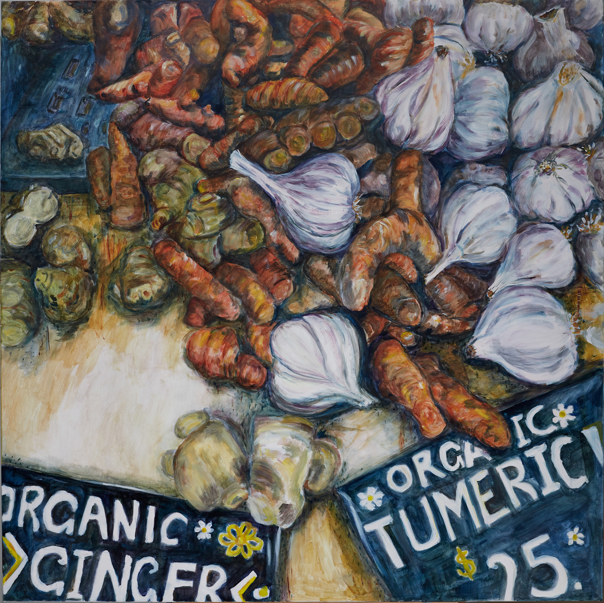 Market day stall painting of turmeric, ginger and garlic in Acrylic and ink, orange, blue, brown 2020