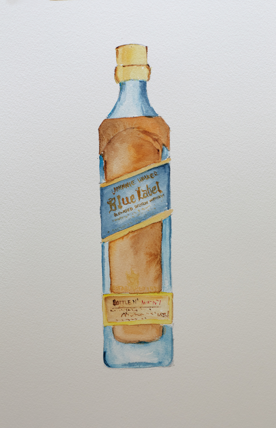 Bottle of Johnny Walker Alcohol Spirits in water colour, blue and brown 2020