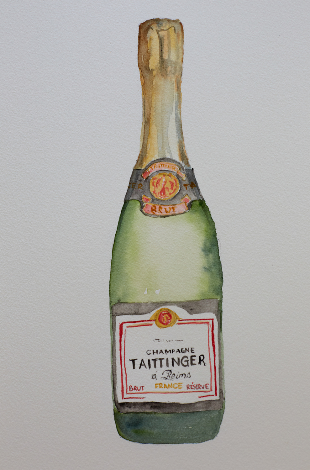 Bottle of Tattingers Champagne Alcohol in watercolour, green and gold 2020