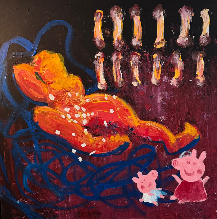 Meat. Acrylics on canvas, 2025, 36 × 36 in (91 × 91 cm).