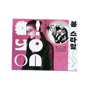 The second spread of the zine. Featuring a pink and black photo of SoYoon wearing sunglasses looking off to the right. She obstructs the typography of the continuation of her name&#x27;s characters from the previous page.