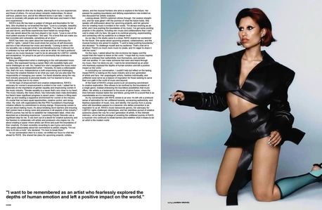 A continuation of the Raye cover story. Text exists on the left. An image of Raye posing on her knees exists on the right.