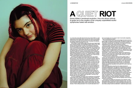 The last story of the issue. A mini feature on an artist on the rise in the UK called Eaves Wilder. The story is called "A Quiet Riot." A photo of Eaves sat and holding her knees exists on the left. Text exists on the right.