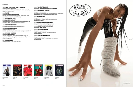 Credits page on the left. Steve Madden ad on the right.