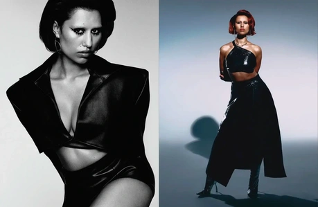 A black and white image of Raye exists on the left. A coloured image of Raye exists on the right.