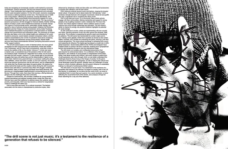 The Drill story continued featuring text columns on the left and bold black and white imagery of a man covering his face but peeking through his fingers on the right.