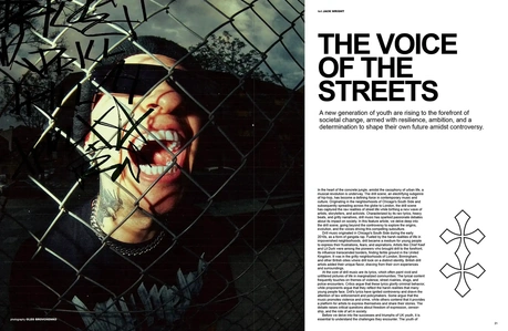 The first story featuring the Drill scene in the UK called "The Voice of the Streets." Bold imagery of a young man yelling behind a chain fence exists on the left. The text exists on the right.