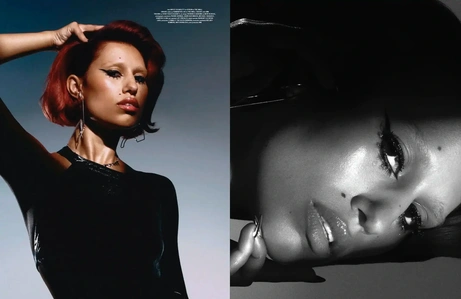 A coloured image of Raye posed confidently with her arm up. A black and white dramatic close-up photo of Raye on the right.