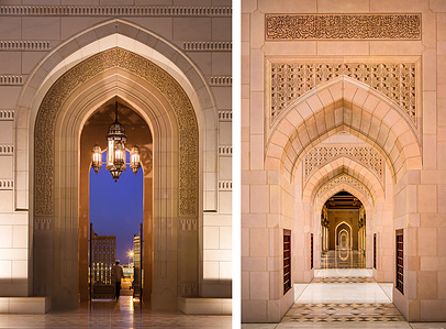 The image showcases the architectural magnificence of the Grand Mosque of Oman in Muscat. It captures a series of grand arches, each meticulously adorned with intricate Islamic geometric patterns and calligraphy. 