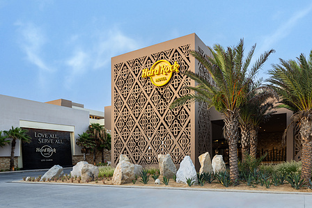 Hard Rock Hotel Los Cabos Entrance - Basel Almisshal captures the striking entrance of Hard Rock Hotel Los Cabos. The grand design and vibrant energy of the entrance set the tone for a luxurious and exciting hospitality experience.