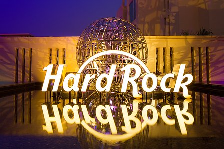 Hard Rock Hotel Goa, India - In this dusk-lit photograph by Basel Almisshal, the iconic Hard Rock logo sign.