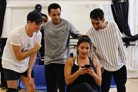 Rehearsal photo from 21 Chump Street at the Courtyard Theatre London. Assistant Director Alex Stenhouse, Director Lizzy Connolly, Choreography Simon Hardwick