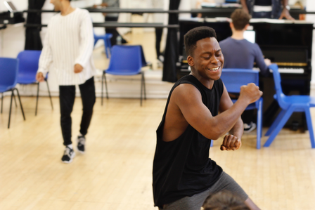 Tyrone Huntley in Rehearsal photo from 21 Chump Street at the Courtyard Theatre London. Assistant Director Alex Stenhouse, Director Lizzy Connolly, Choreography Simon Hardwick