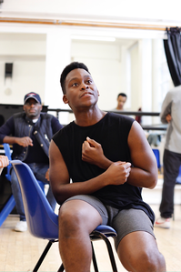 Tyrone Huntley in rehearsal photo from 21 Chump Street at the Courtyard Theatre London. Assistant Director Alex Stenhouse, Director Lizzy Connolly, Choreography Simon Hardwick