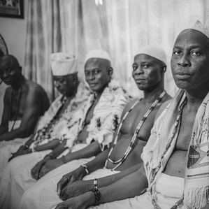 Lagosian community chiefs in traditional dress having a meeting at the King&amp;amp;amp;#x27;s palace in Lagos.