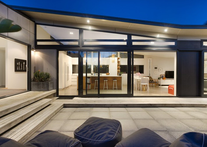 residential courtyard view at sunset