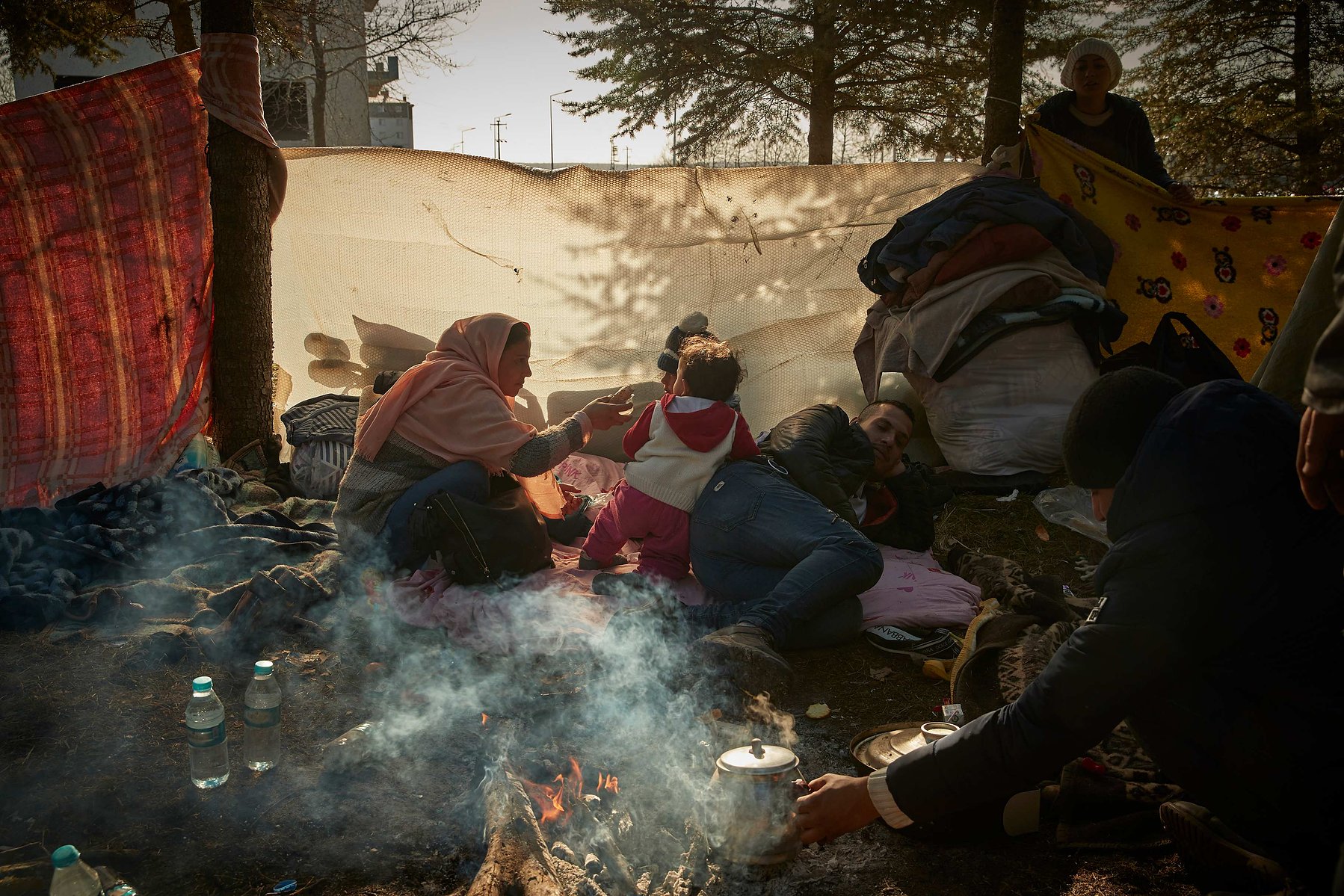 MARCH 7, 2020 - EDIRNE, TURKEY: Refugees in a makeshift refugee camp near the town of Edirne as thousands of refugees wait to cross into Greece and the European Union on March 07, 2020 in Edirne, Turkey.