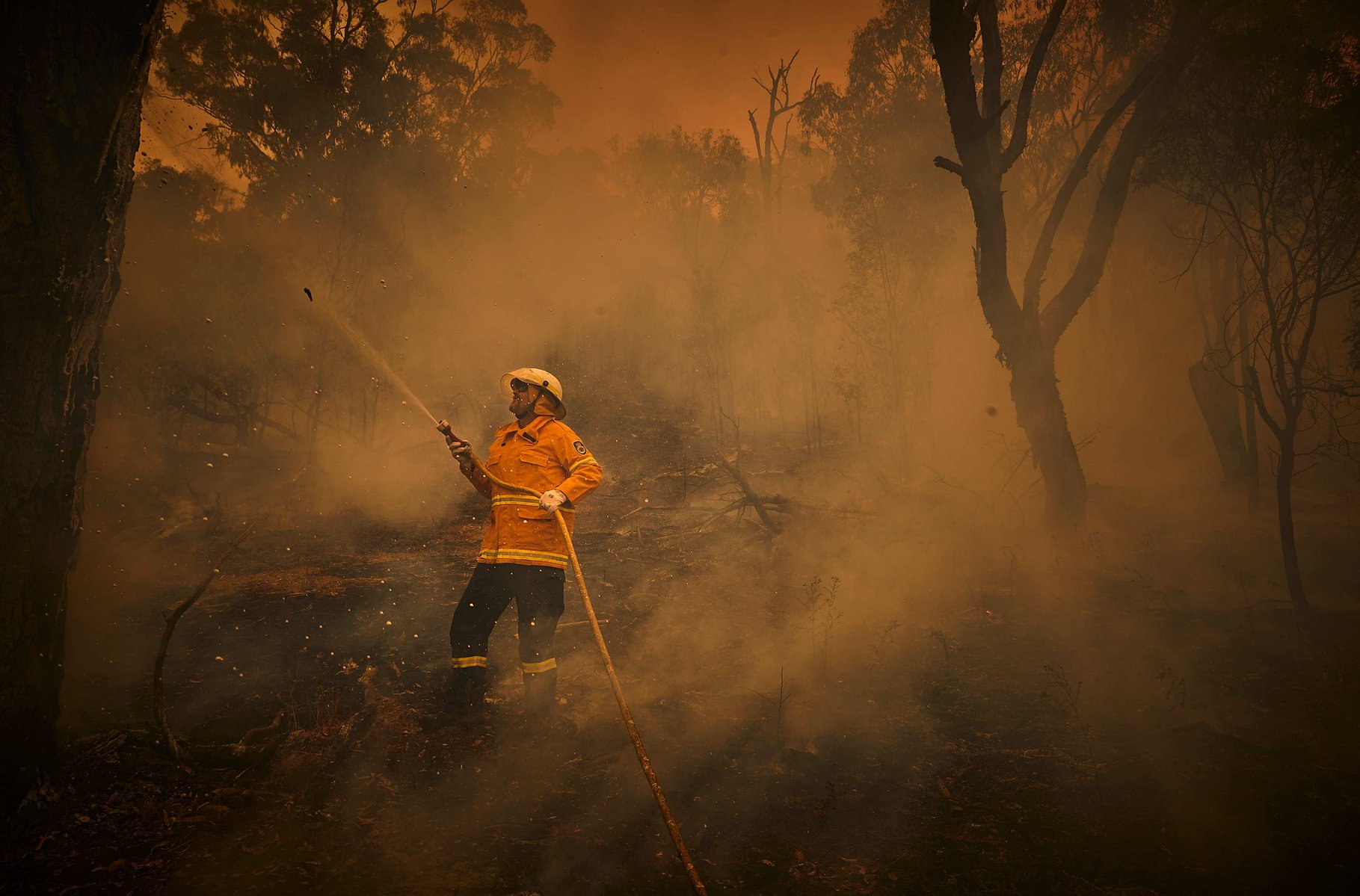 An RSF (Rural Fire Service) volunteer firefighter fights a bushfire on the outskirts of the small town of Tumbarumba in the Snowy Mountains New South Wales.