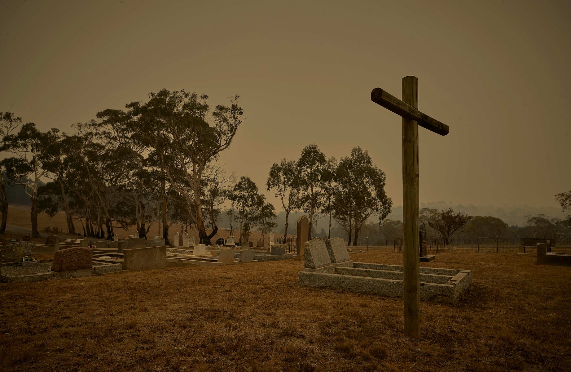 BOMBALA, AUSTRALIA - JANUARY 15, 2020: The cemetery in the small town of Bombala which is threatened with fire on 15 January 2019. Since blazes broke out in September, Australia has seen unprecedented bushfires destroying over 15 million acres