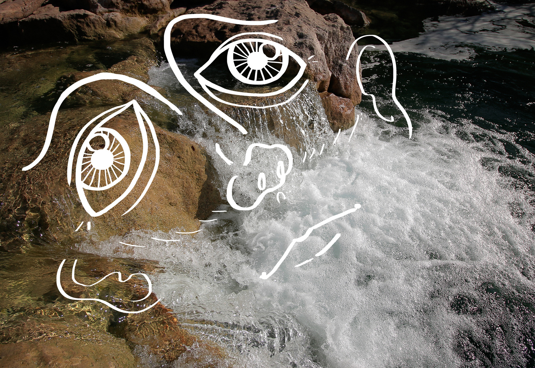 Photo-drawing of a face drawn over a greenbelt waterfall.