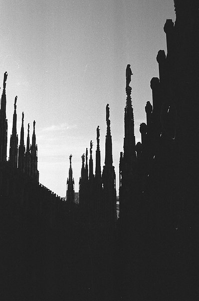 black and white, analogue image of the duomo, Milan