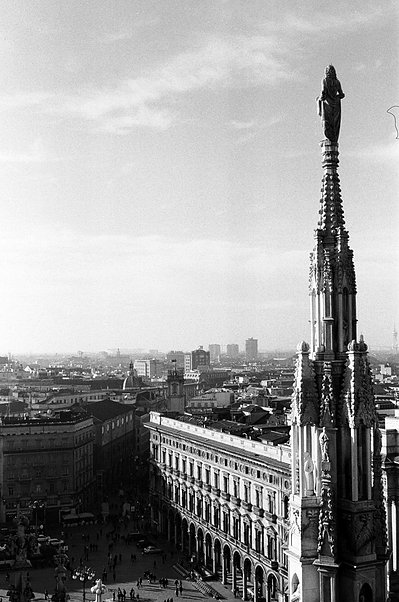 black and white, analogue image of the duomo, Milan