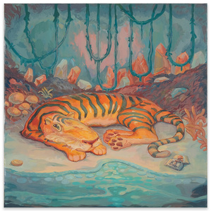 Resting Tiger, Goldeneye and Banana Coin
Acrylic polymer on mounted hardwood panel
40 x 40 cm