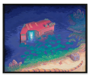 Abandoned Neo Geo arcade cabinet; roaming tiger and purple gamecube
Acrylic polymer on cradled wood panel
52 x 42 cm