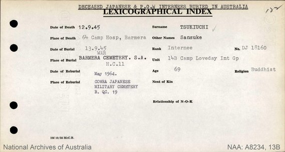 Cowra Japanese Miltary Cemetery: Japanese POWs and Internees buried or cremated in Australia. Plot order
NAA:A2834/13B/8326161 