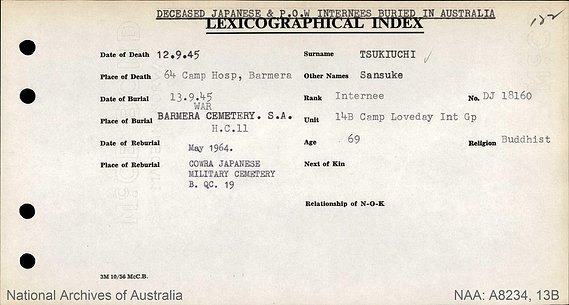 Cowra Japanese Miltary Cemetery: Japanese POWs and Internees buried or cremated in Australia. Plot order
NAA:A2834/13B/8326161 