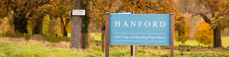 A school advertising Hanford Day and Boarding Prep School, in Child Okeford, Dorset, England.
