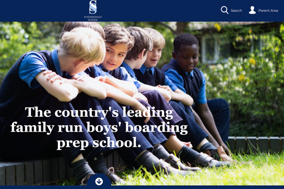 A screen shot of Sunningdale School, Ascot's website with 5 boys chatting in school uniform. The words 'The country's leading family run boys' boarding prep school' are on the photograph