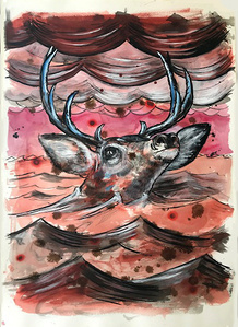 painting of a deer swimming in flood by Todd Drake 
