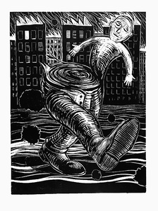 Linocut of walking figure