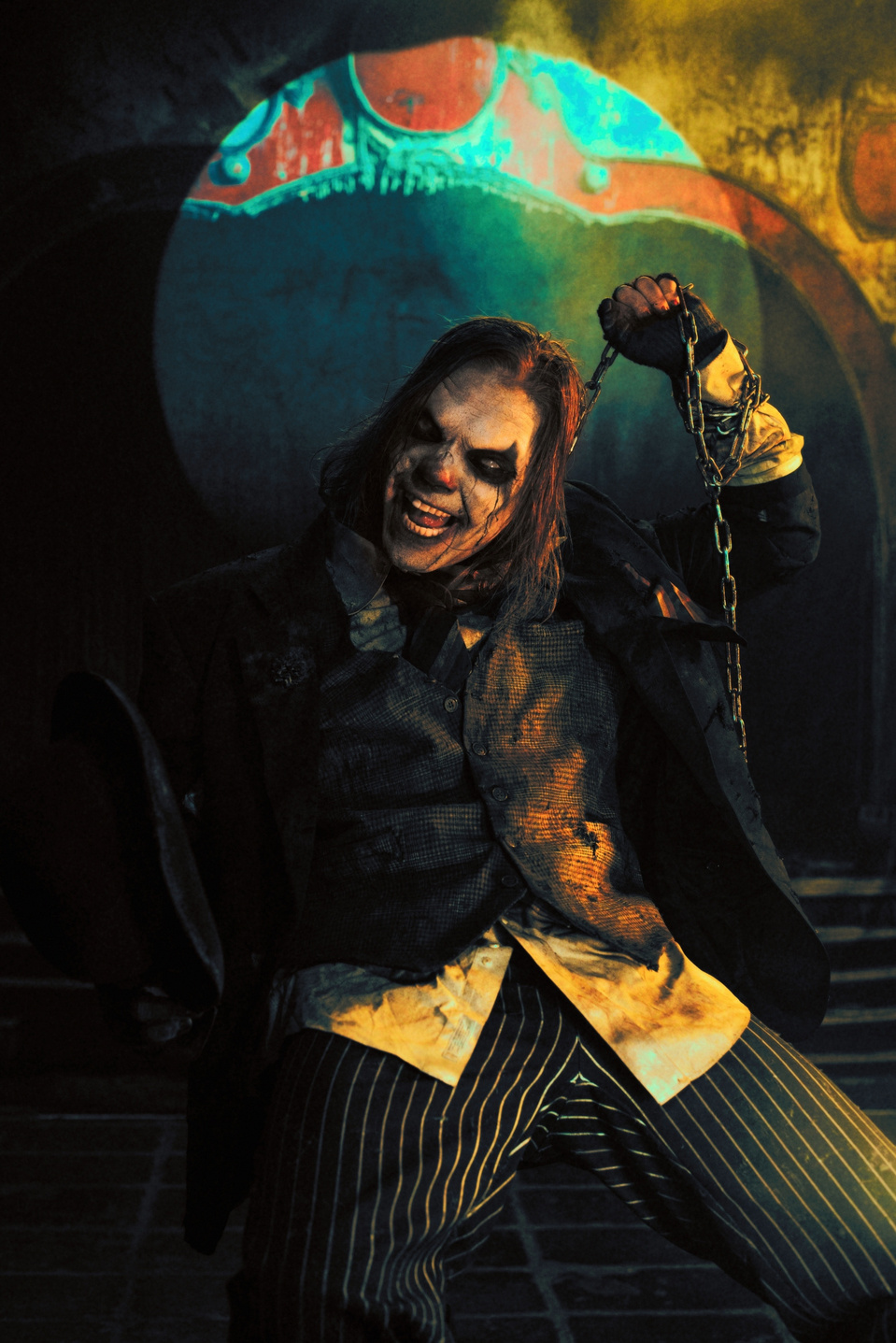 Brent Schultz rocking a horror clown-inspired set, captured by MFFPHOTOGRAPHY, a New York-based female photographer.