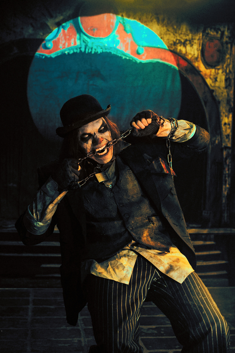 Brent Schultz rocking a horror clown-inspired set, captured by MFFPHOTOGRAPHY, a New York-based female photographer.
