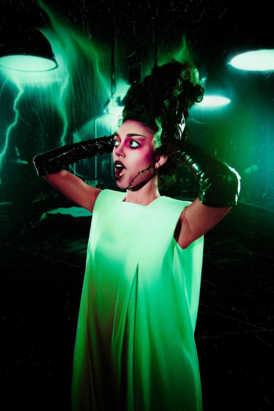 Mikala from New Icon NY modeling in a Bride of Frankenstein-inspired set, captured by MFFPHOTOGRAPHY, a NYC-based female photographer.
