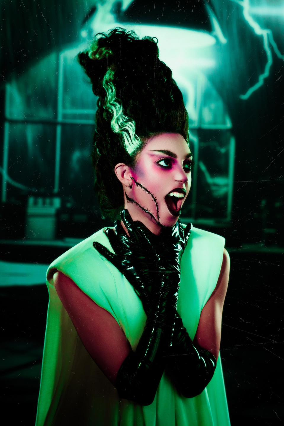 Mikala from New Icon NY modeling in a Bride of Frankenstein-inspired set, captured by MFFPHOTOGRAPHY, a NYC-based female photographer.