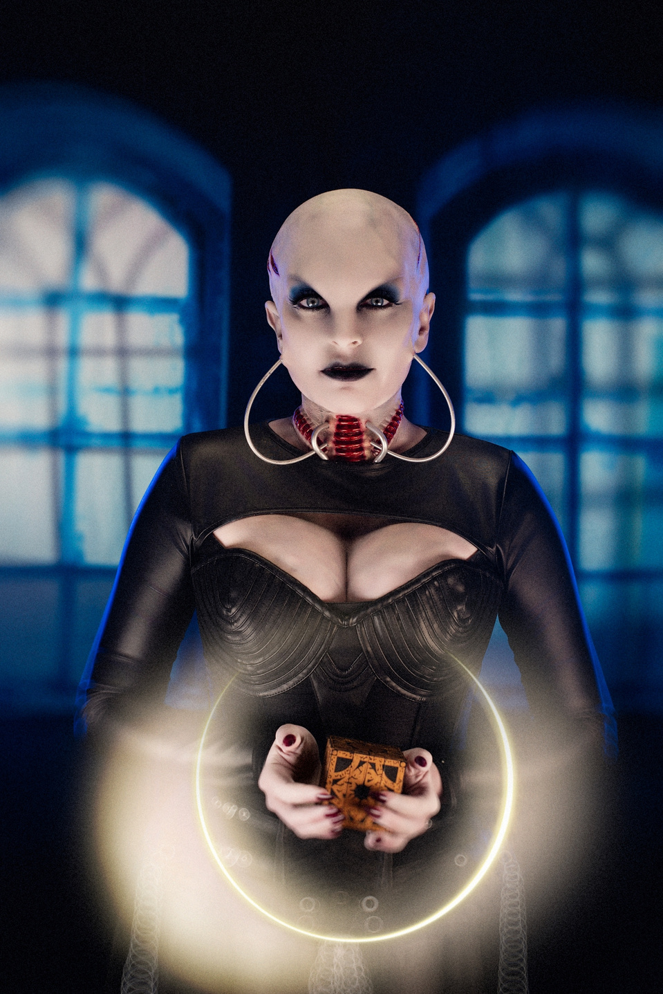 Madame Wazzy bringing creepy vibes to a Cenobite-inspired set, shot by MFFPHOTOGRAPHY, a New York-based female photographer.