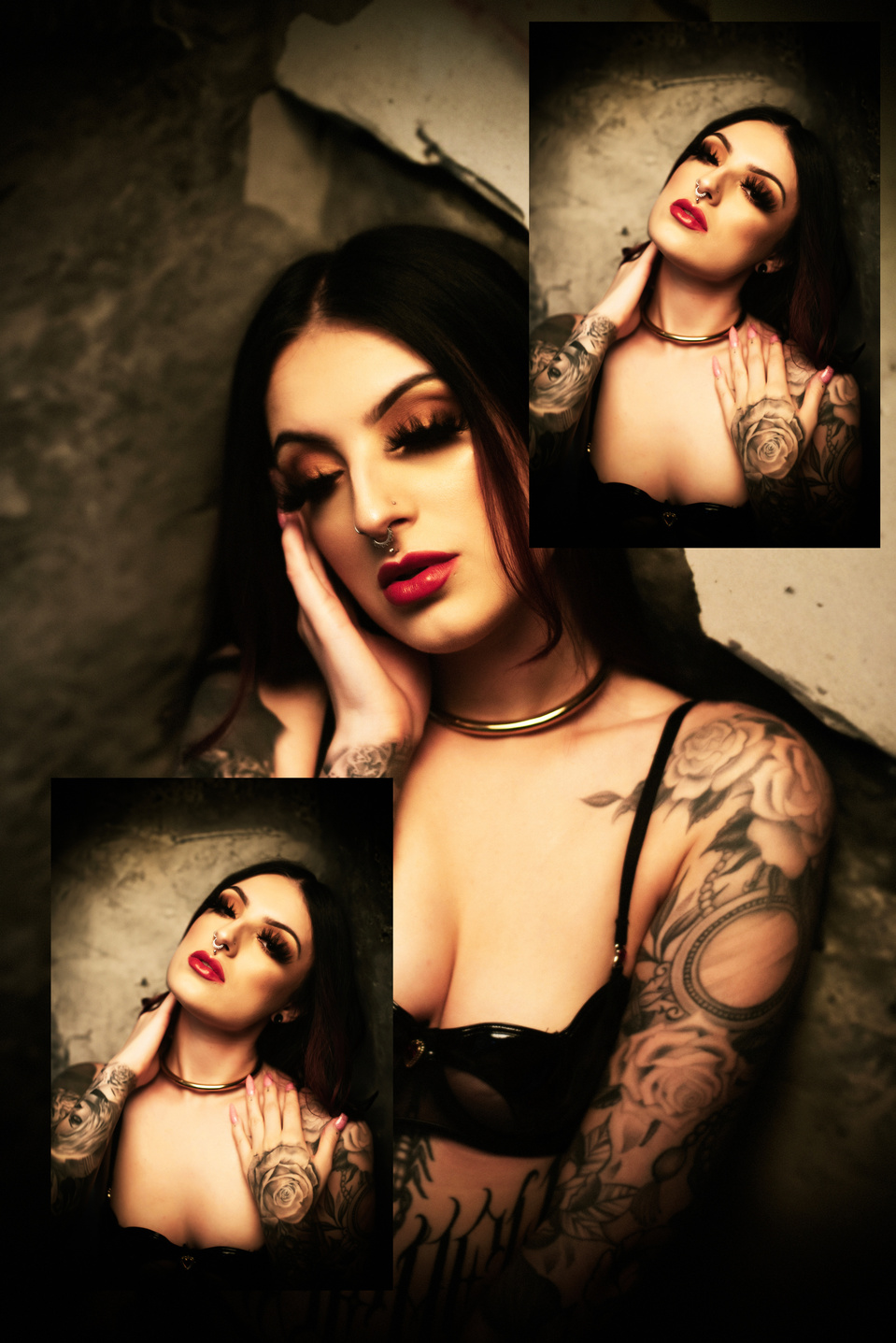 Model showcasing a gold necklace for Eternity Collars in a commercial studio session with NYC-based creative photographer MFFPHOTOGRAPHY.