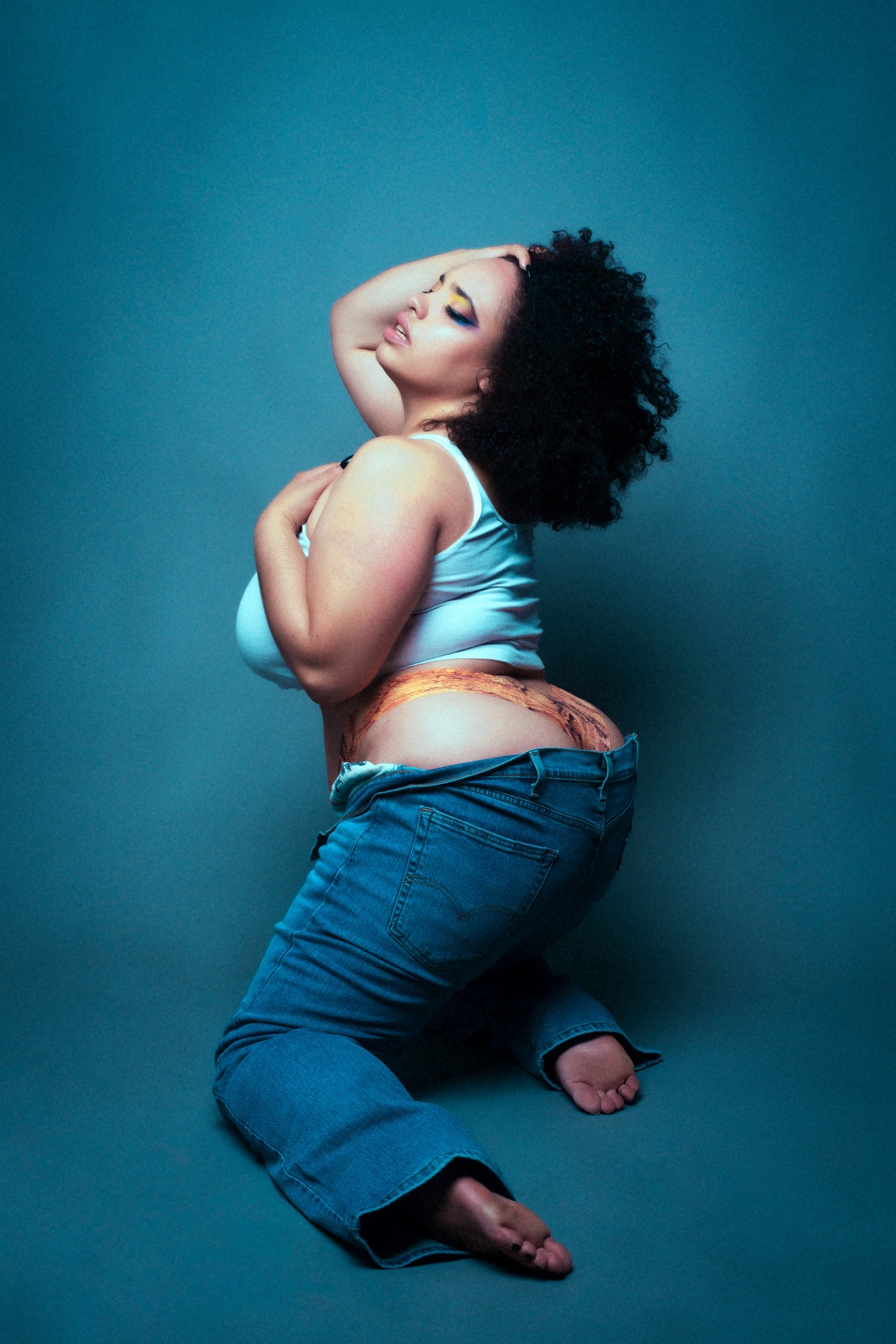 Model Cin Von Quinzel styled in denim, captured in a studio session by NYC-based female photographer MFFPHOTOGRAPHY.