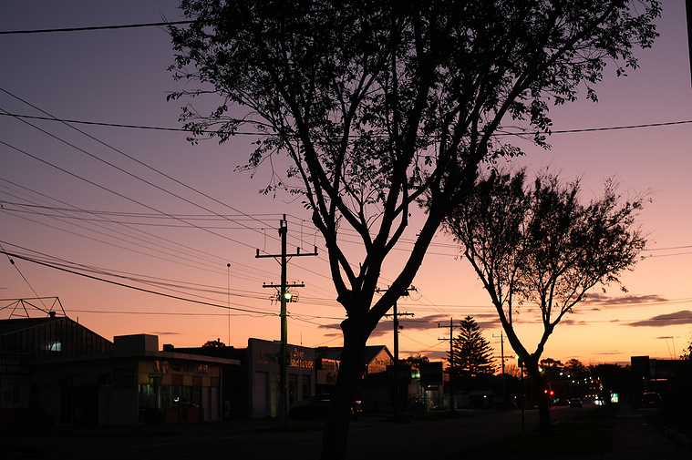 streetscape at sunset with powerpole and power lines and 2 trees and a big pink purple and orange sky