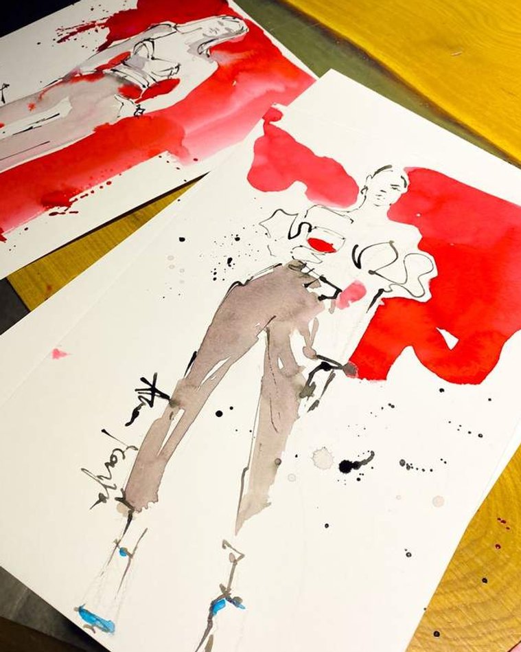 Watercolour fashion  illustrations created at a PR event for a luxury gin brand