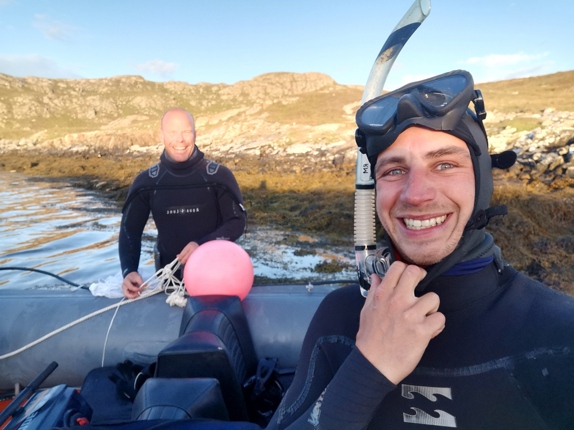Nick Gates preparing to go freediving with Nick McCaffrey in Shetland, Scotland
