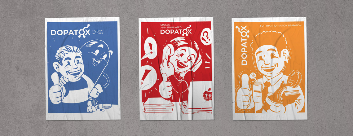 Dopatox posters, a mockup dopamine detox supplement. Branding for a make believe pharmaceutical drug.