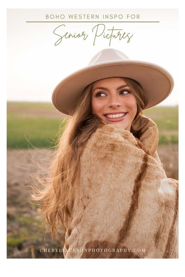 graphic that says boho western inspo for senior photos with a picture of a girl wearing a hat and wrapped in blanket smiling over her shoulder