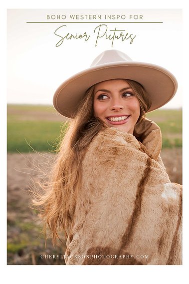 graphic that says boho western inspo for senior photos with a picture of a girl wearing a hat and wrapped in blanket smiling over her shoulder